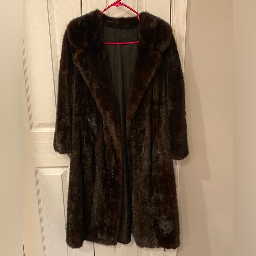 Vintage Real Brown Fur Shawl Collar Swing Coat